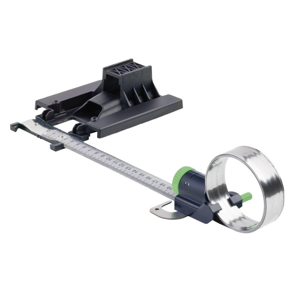 Black and silver Festool circle cutter accessory with measuring tape and adjustable components for power tool use