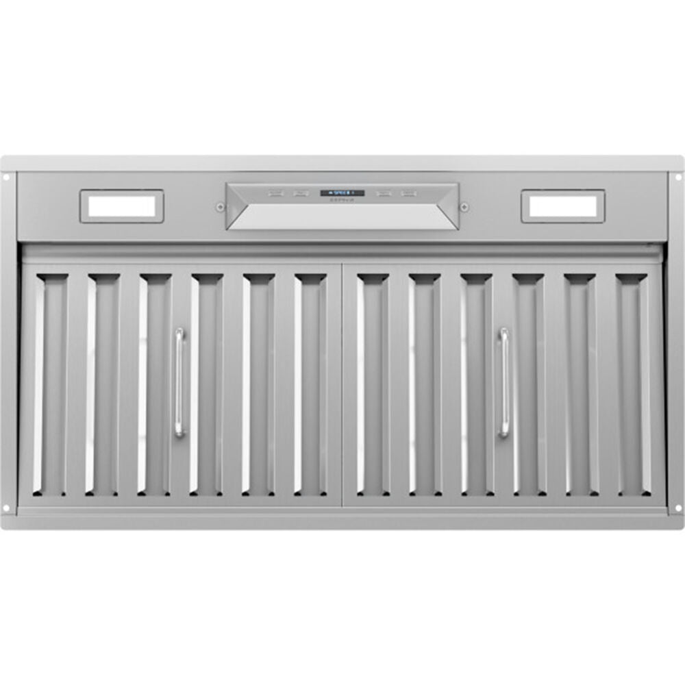 Stainless steel insert range hood with dual baffle filters and integrated control panel for kitchen ventilation