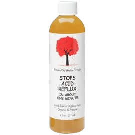 Plastic bottle of natural liquid remedy with white cap and red tree logo for acid reflux relief