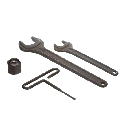 Set of black metal wrenches, hex key, and nut for tools and home improvement applications