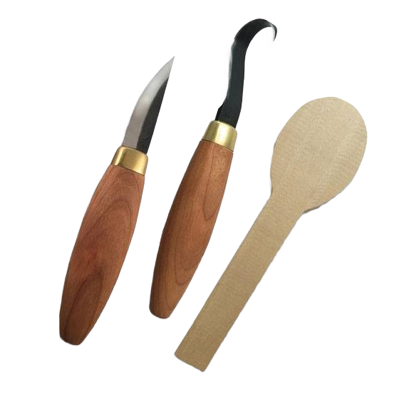 Set of two wooden-handled carving knives with a partially carved wooden spoon, for woodworking and home improvement projects