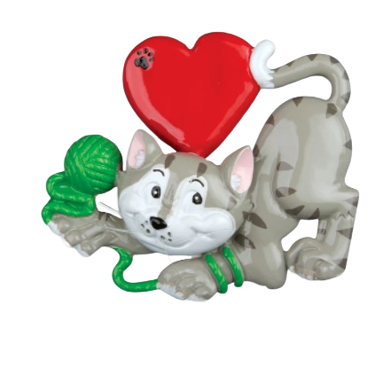 Playful grey cat ornament holding green yarn with red heart featuring paw print, festive Christmas decoration under 50 dollars