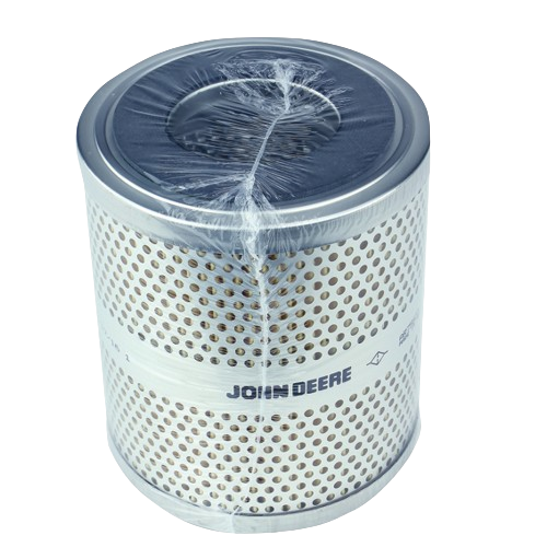 Cylindrical metal transmission oil filter element with perforated exterior and John Deere branding wrapped in plastic