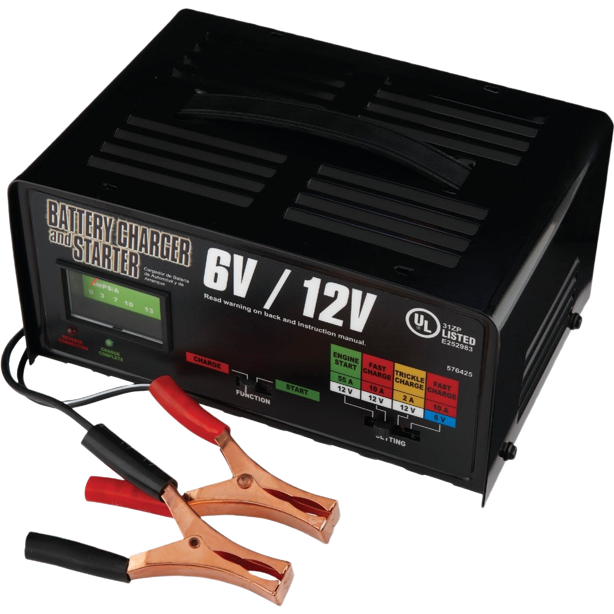 Black auto battery charger with attached red and black alligator clips for 6 and 12-volt automotive batteries