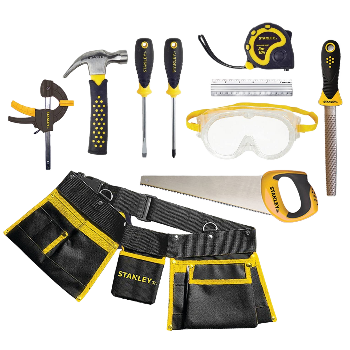 Set of hand tools including hammer, screwdrivers, tape measure, saw, goggles, file, clamp, and tool belt for home projects