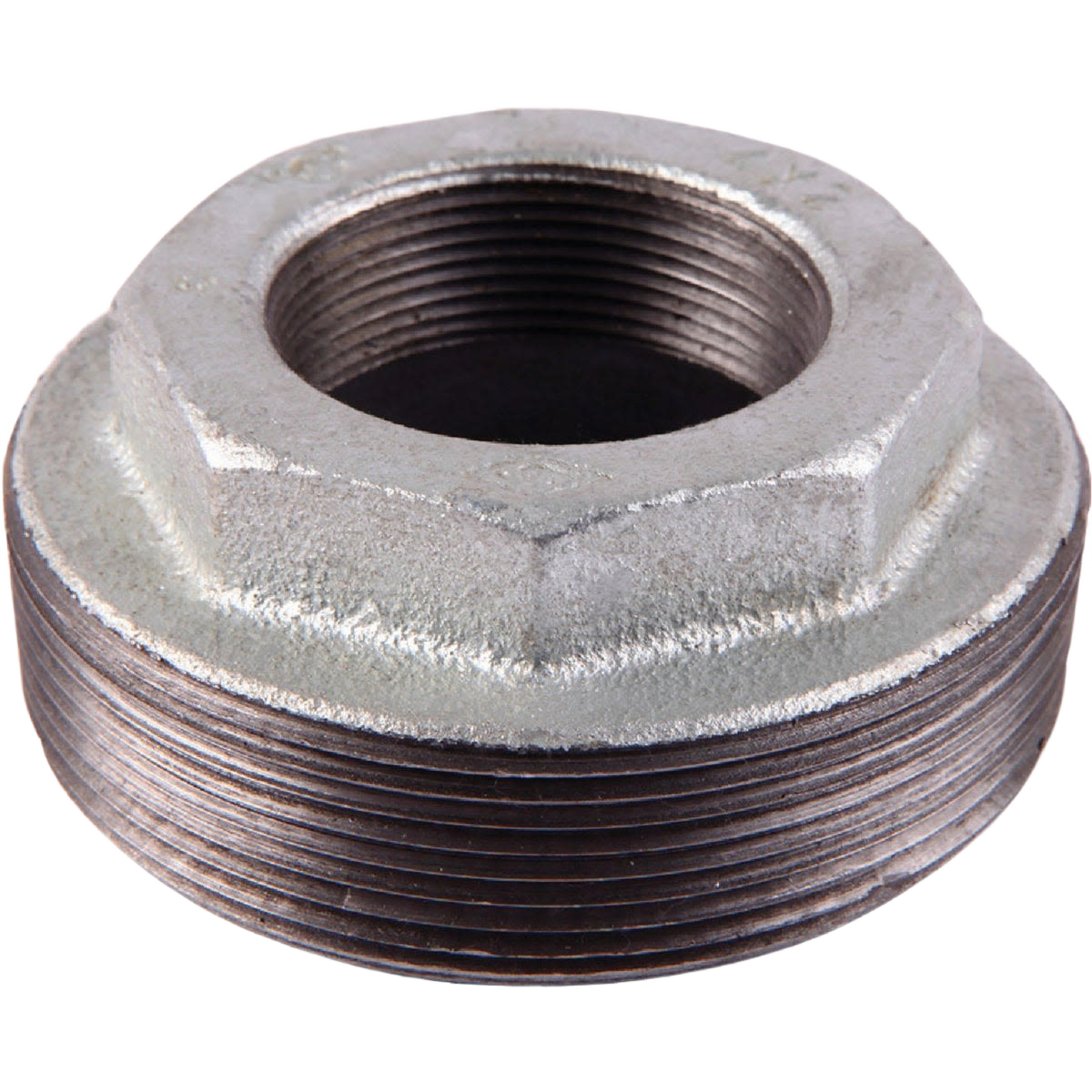 Galvanized malleable iron hex bushing with threaded ends for plumbing and galvanized fittings in home improvement projects
