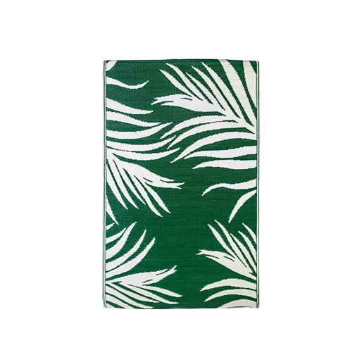 Green outdoor rug with white palm leaf pattern designed for weather-resistant home improvement use