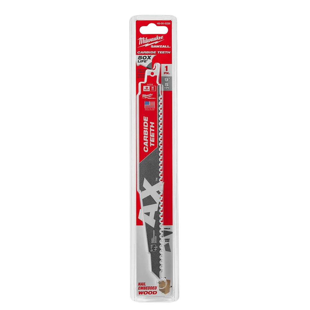9-inch carbide tooth reciprocating saw blade for heavy-duty wood cutting in Milwaukee woodworking tool accessories