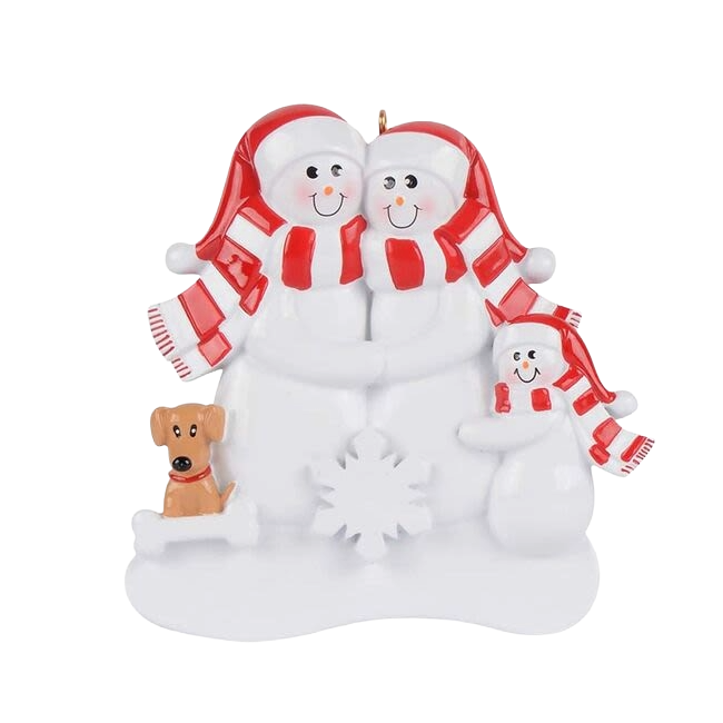 Snow family of three in red scarves and hats hugging with tan dog and snowflake for Christmas décor under $50