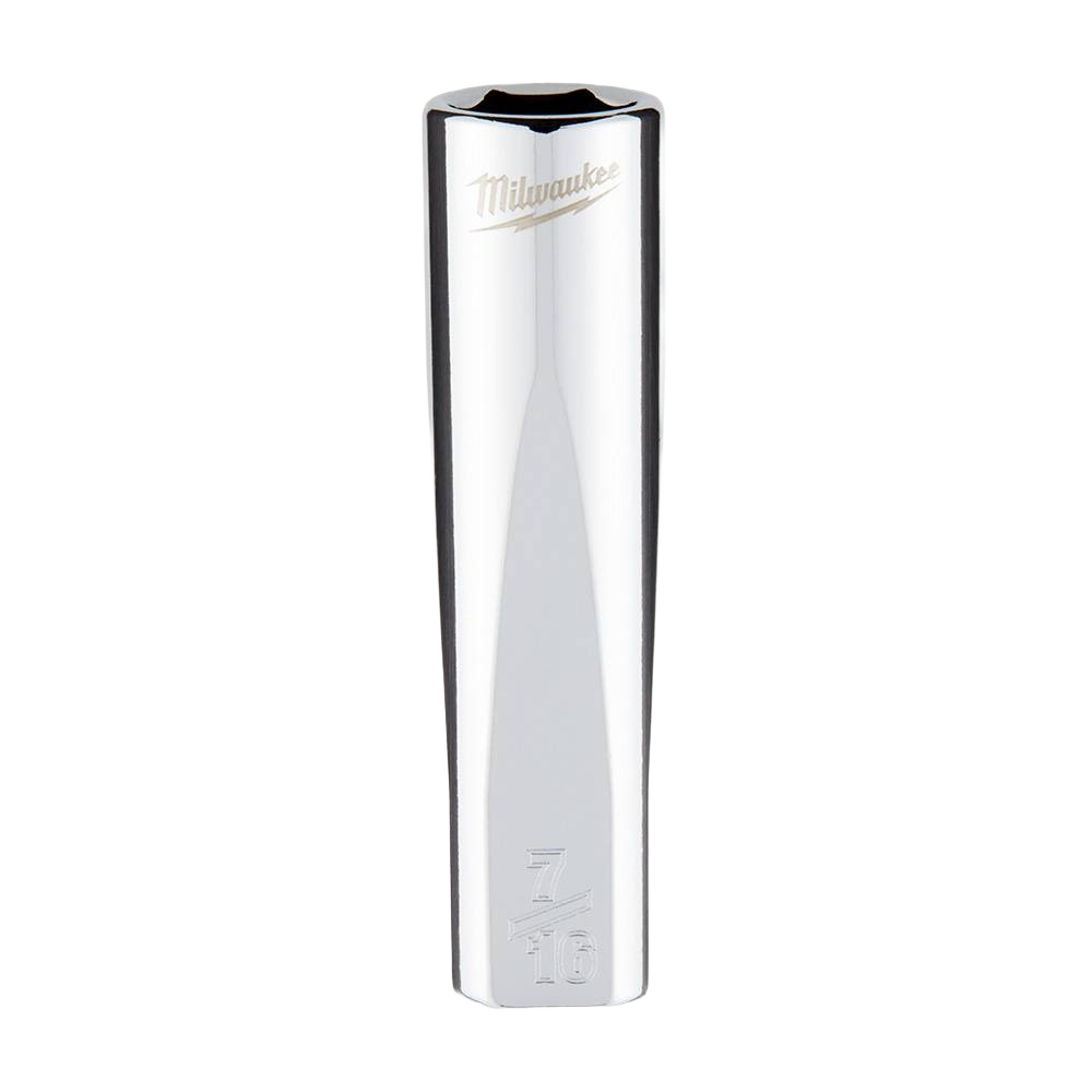 Polished deep socket with four flat sides to prevent rolling, designed for use with hand tools in home improvement.