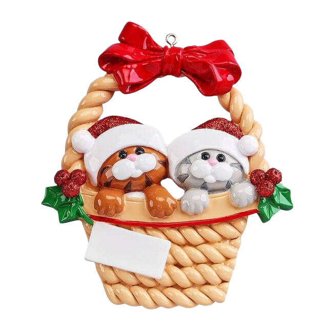 Two festive kittens wearing Santa hats peeking from woven basket with red bow, Christmas ornament under $50 collection