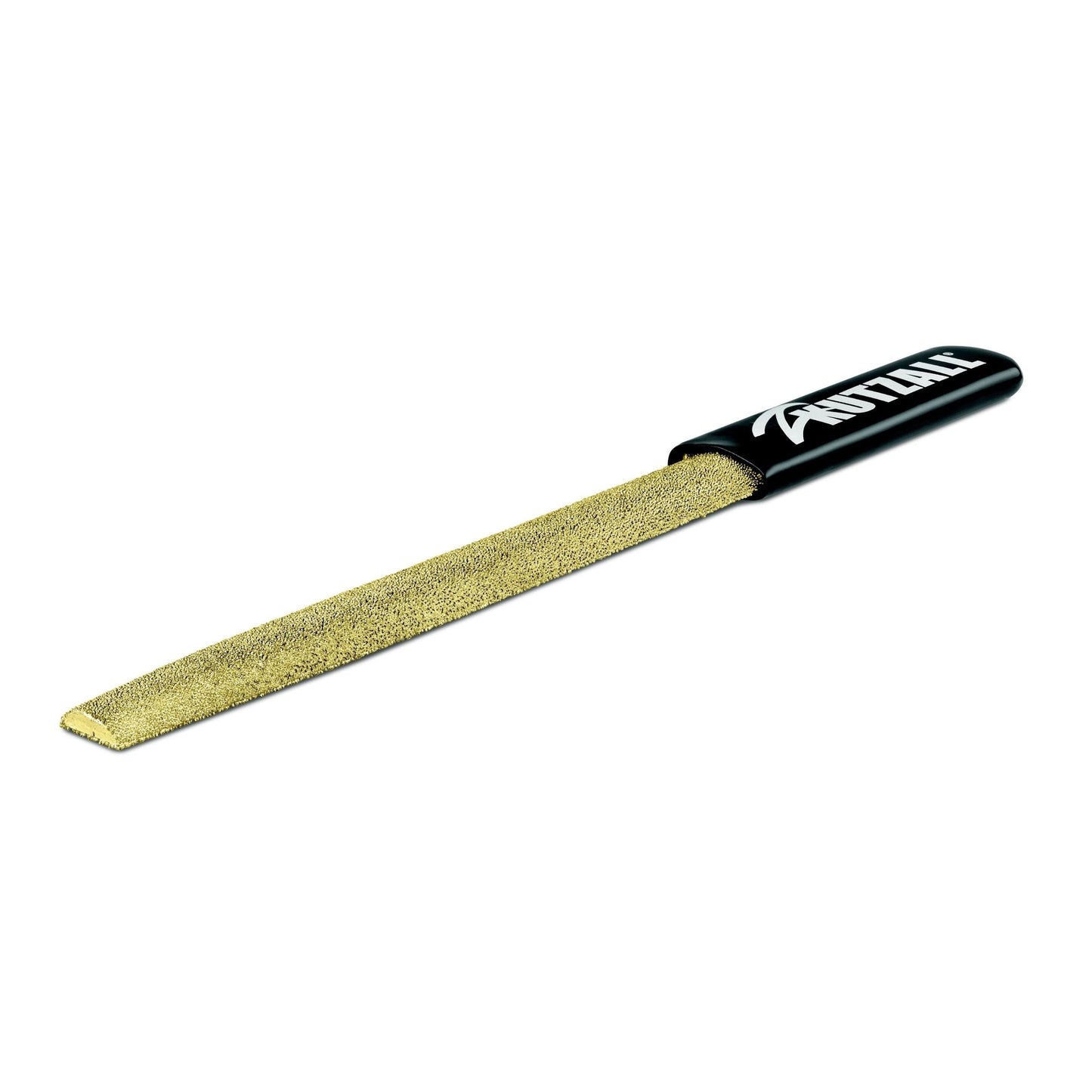 Fine half-round hand rasp with textured surface and black handle, ideal for woodworking tools and home improvement projects.