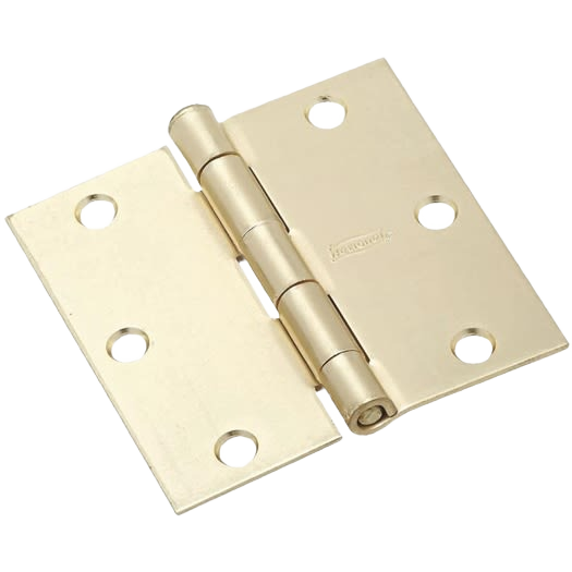 Square satin brass door hinge with six mounting holes designed for home improvement and hardware projects