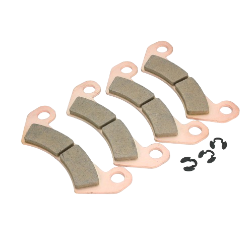 Set of four curved brake pads with metal backing plates and small metal clips for mechanical repair and home improvement tasks