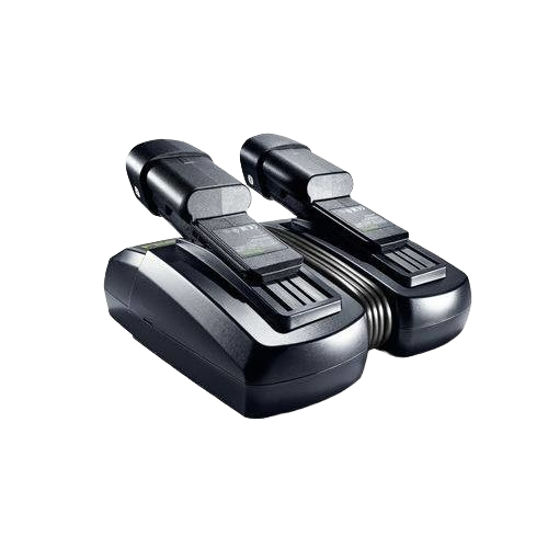 Black dual rapid charger with two rechargeable batteries for tools and home improvement use