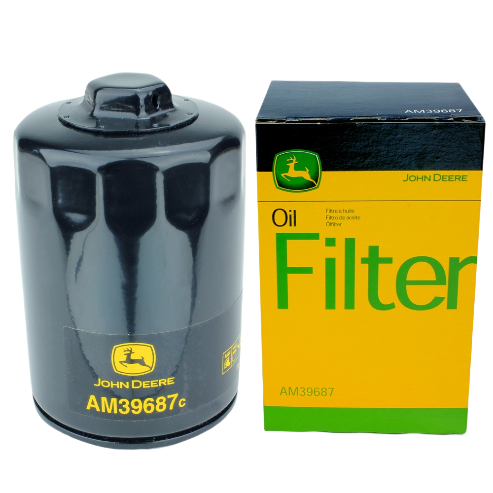 Black John Deere engine oil filter with yellow and green branded packaging for motor oils and lubricants collection