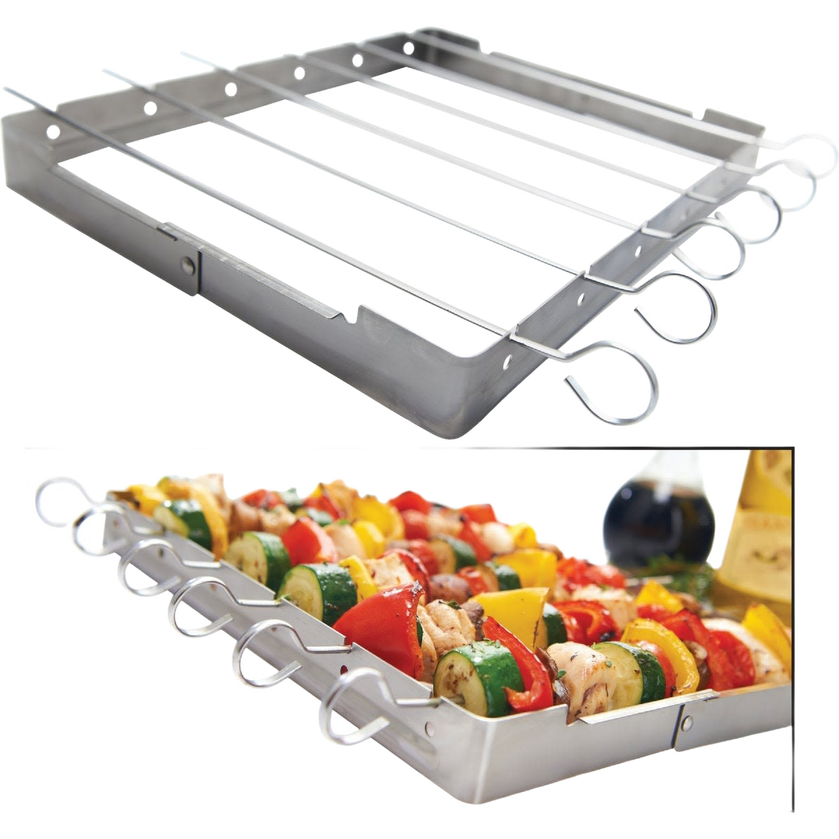 Folding stainless steel kebab rack with six skewers for grilling vegetables and meat in outdoor living collections