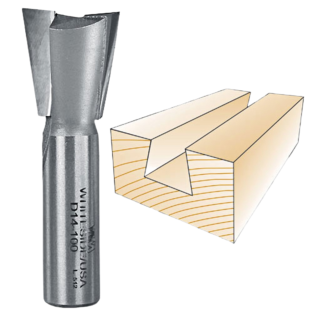 Carbide-tipped dovetail bit for woodworking with precision cutting, shown with wood joint example for tool accessories and home improvement