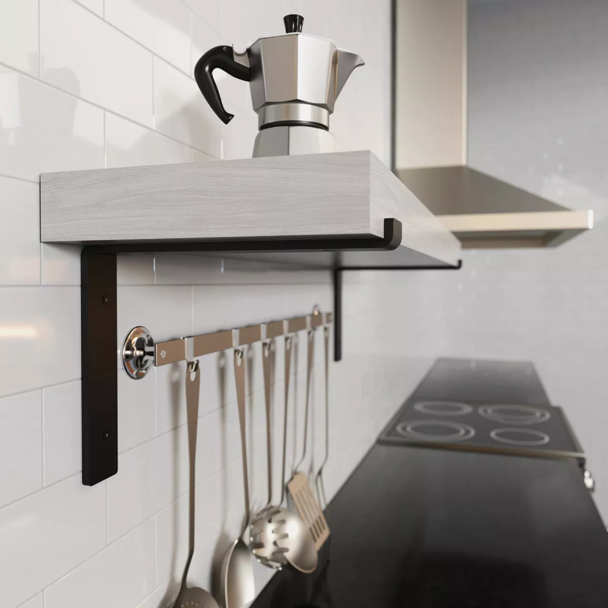Black decorative metal bracket supporting wooden shelf with kitchen utensils and stovetop in background for home improvement