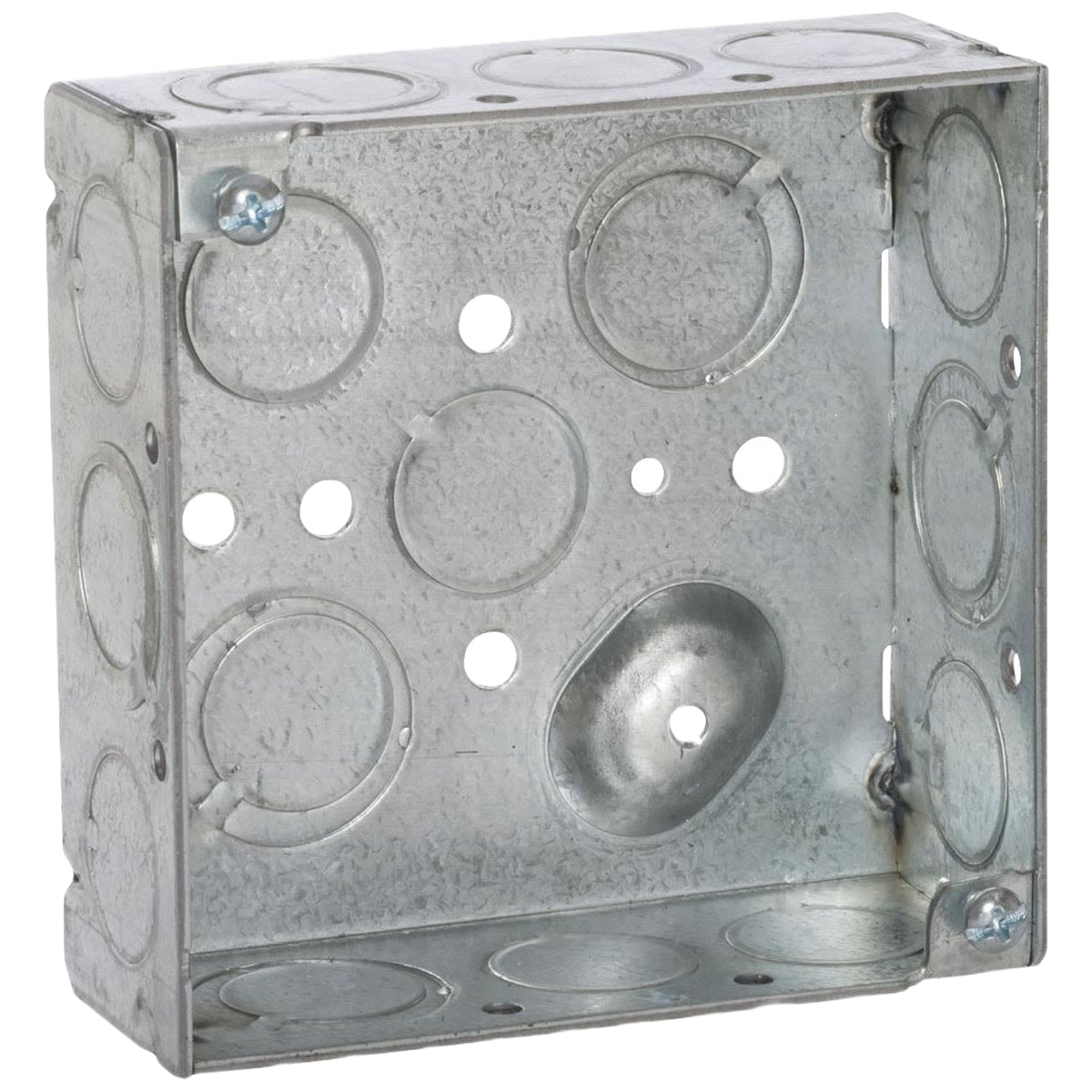 Galvanized steel electrical square box with screw-on mounting for home improvement and wiring projects