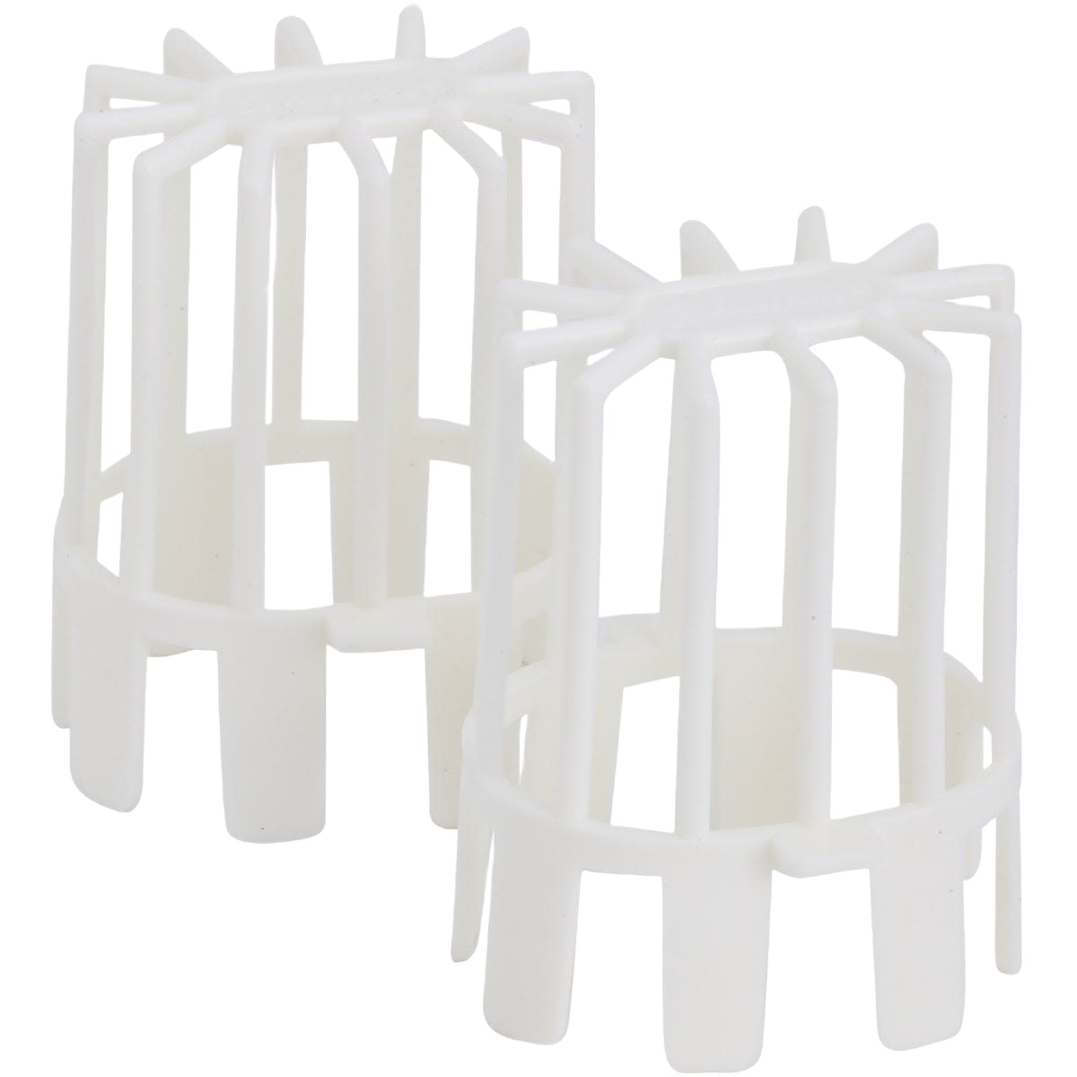 Two white plastic guards designed to protect 3-inch downspouts from debris for home improvement use