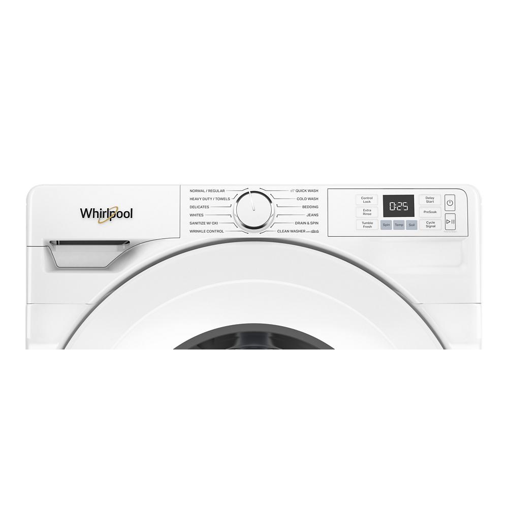 Front load washer control panel with cycle selector knob, digital timer display, and option buttons in appliances collection