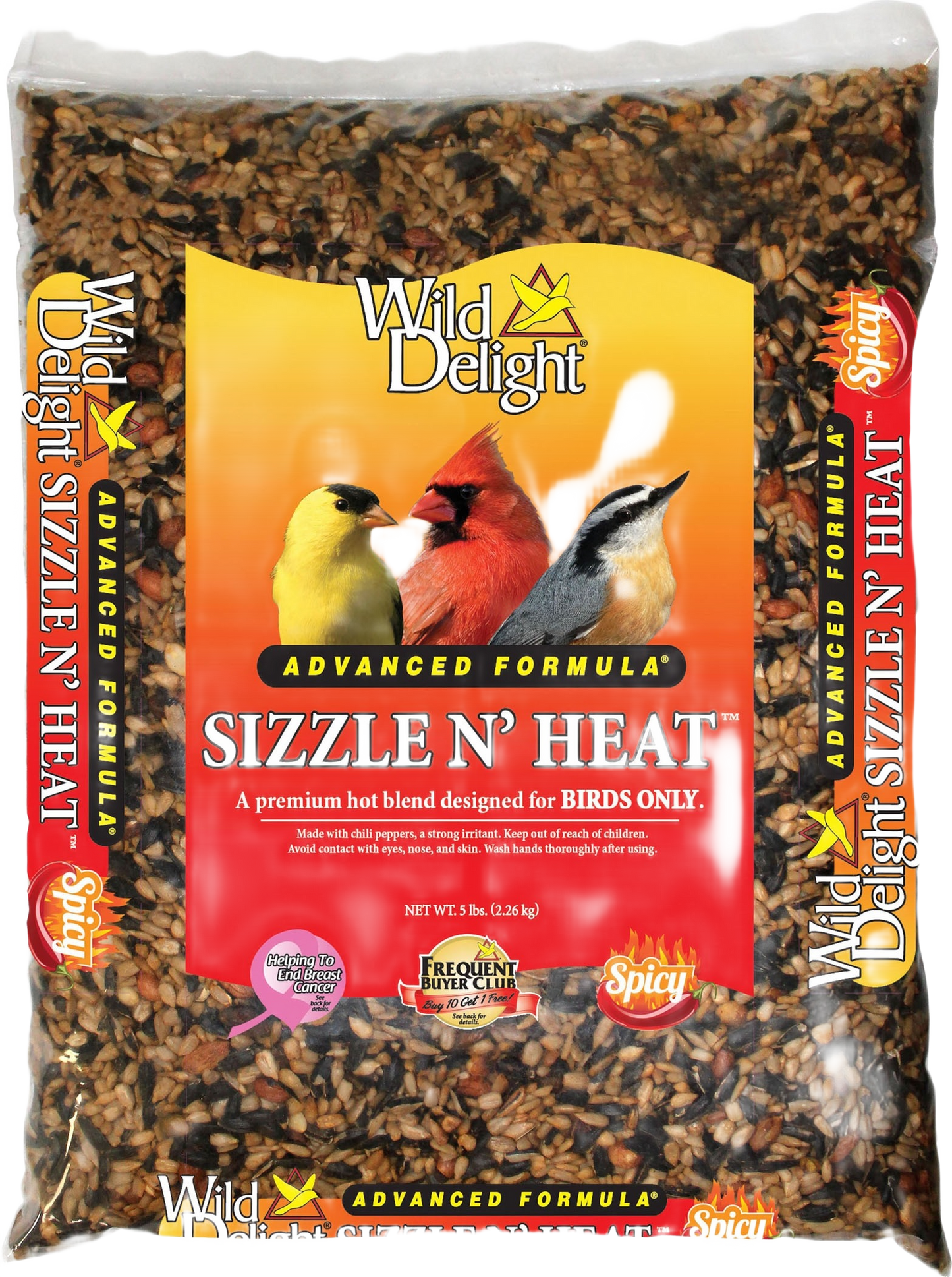 5 lb. bag of spicy birdseed blend featuring sunflower seeds and grains for feeding wild birds outdoors