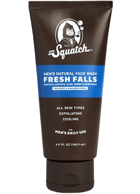 Brown tube of Dr. Squatch Fresh Falls face wash with blue label for exfoliating and cooling men’s skincare