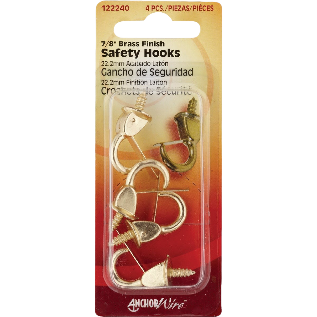 Pack of four brass finish spring safety hooks with screw ends for secure fastening in hardware and fasteners collections