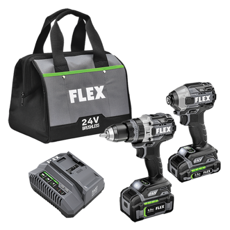 Set of two 24V cordless FLEX power drills with battery charger and branded carrying bag for tools and home use