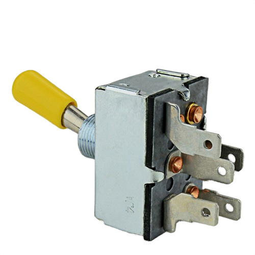 Metal toggle switch with yellow plastic handle and multiple copper terminals for home tool and equipment use