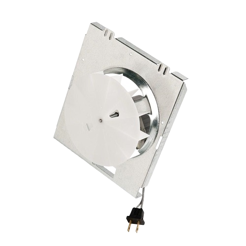 Replacement motor wheel assembly with white plastic fan blades and metal mounting plate for home improvement use