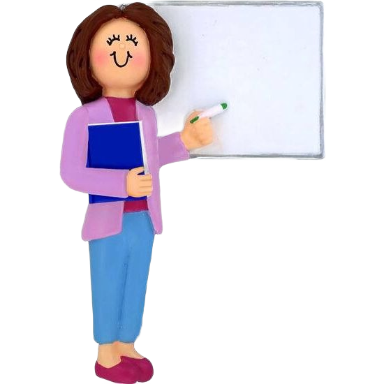 Female teacher ornament in purple holding blue book and marker next to whiteboard from Christmas Ornaments & Tree Decorations collection