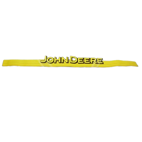 Yellow John Deere grille label with raised black and silver lettering for parts and accessories under $50 collection