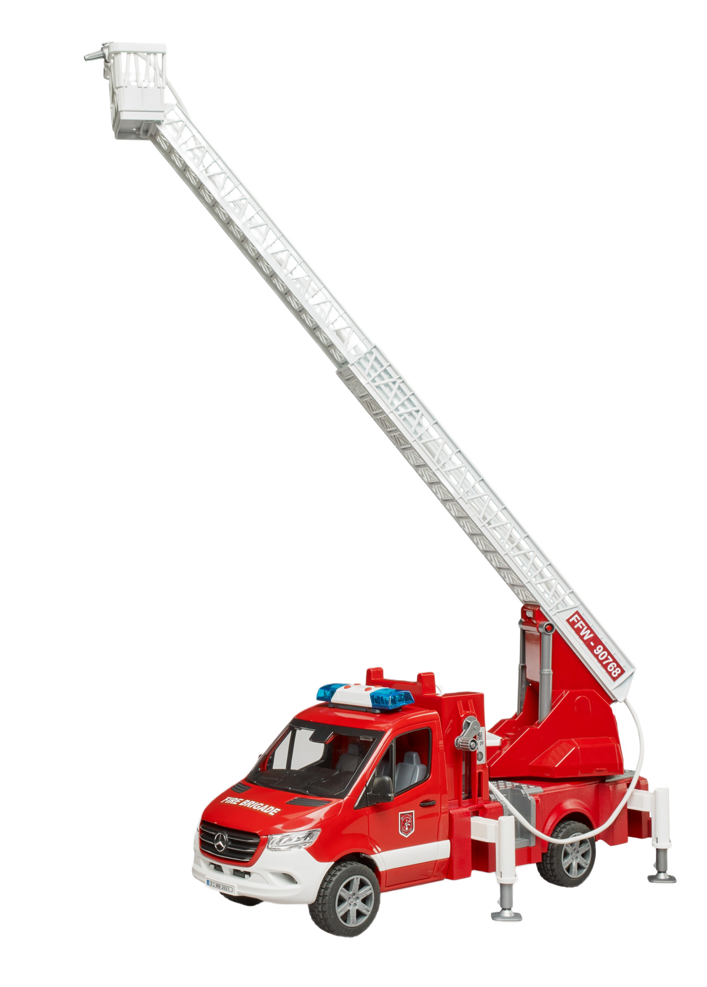 Red Bruder fire engine toy with extended white ladder and stabilizing supports for home improvement and tool play