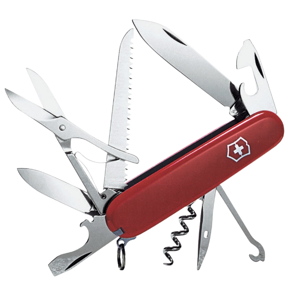 Red multipurpose pocket knife with blades, scissors, saw, corkscrew, and bottle opener in hand tools and cutting tools collections