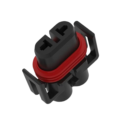 Black electrical connector housing with red sealing ring and locking clips for secure wiring connections