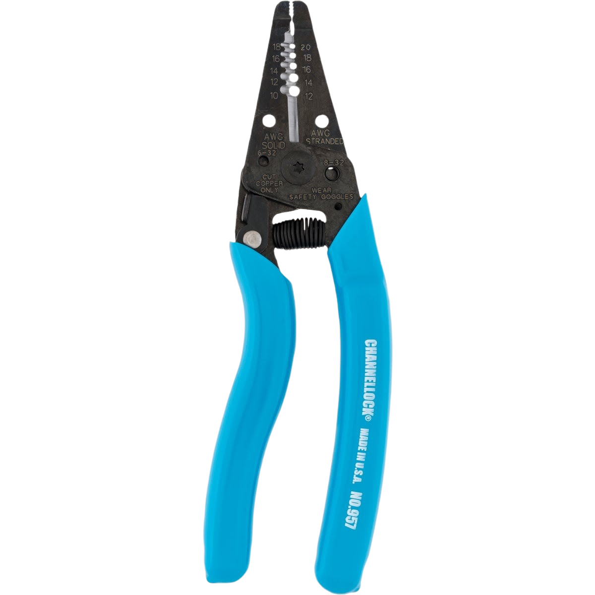 Wire stripper with black metal head and blue ergonomic handles for home improvement and electrical tool use