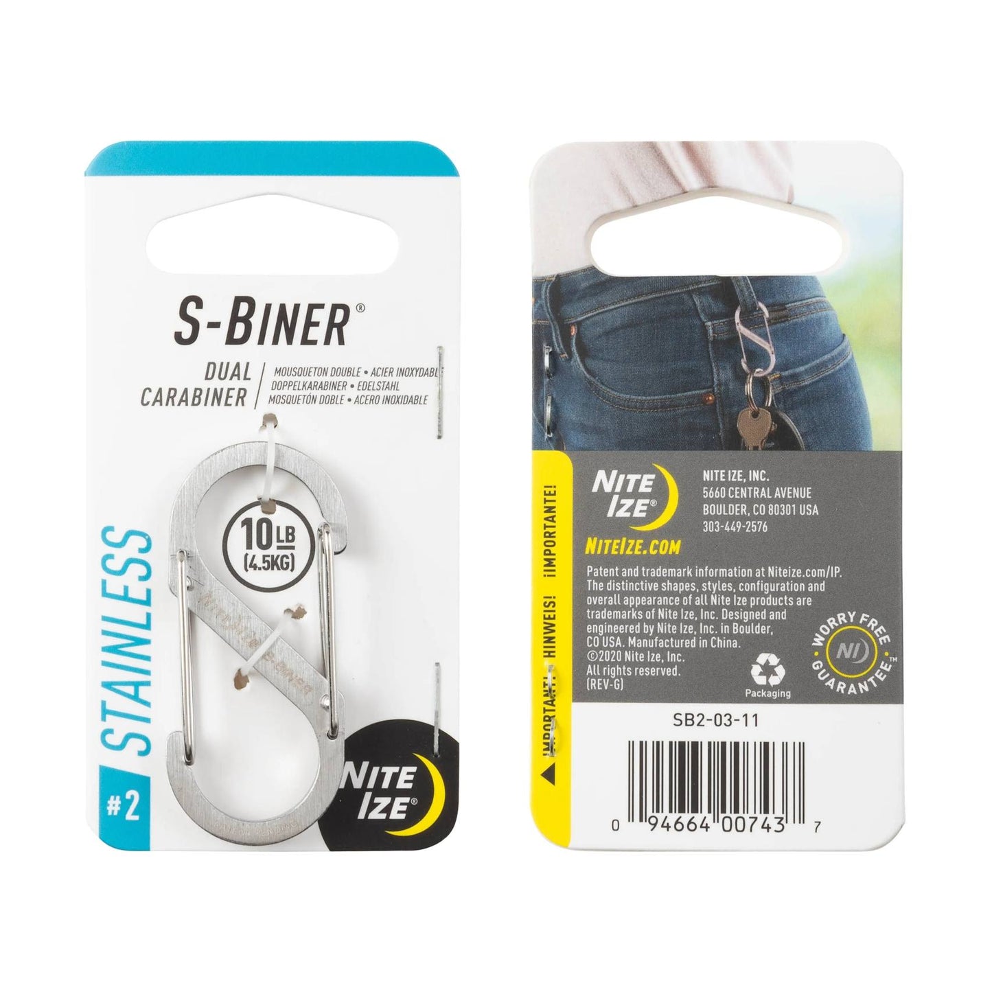Stainless steel dual carabiner with 10 lb capacity for secure storage and organization in home improvement projects.