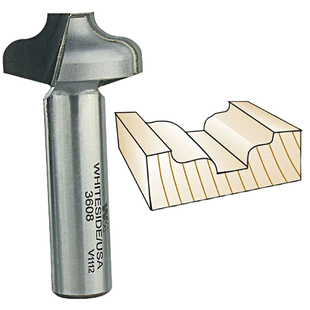 Silver plunge ogee router bit alongside wood sample with decorative raised panel groove for tool accessories collections