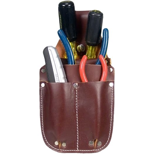 Compact brown leather tool caddy with multiple pockets holding screwdrivers, pliers, and a utility knife in workshop storage collections