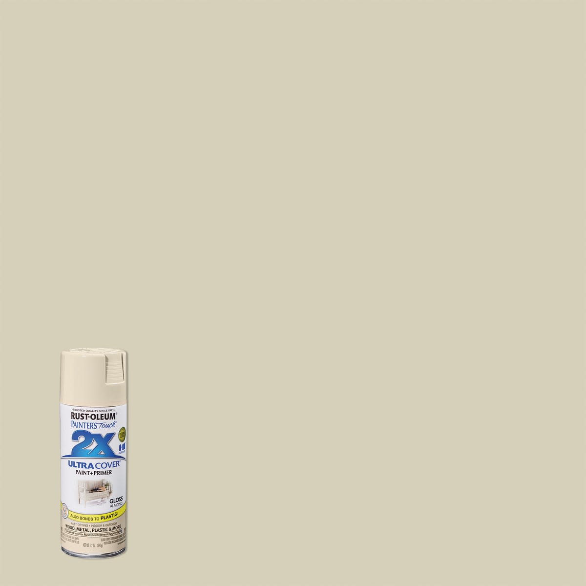Rust-Oleum 2X Almont spray paint can against neutral beige background in paint and supplies collection