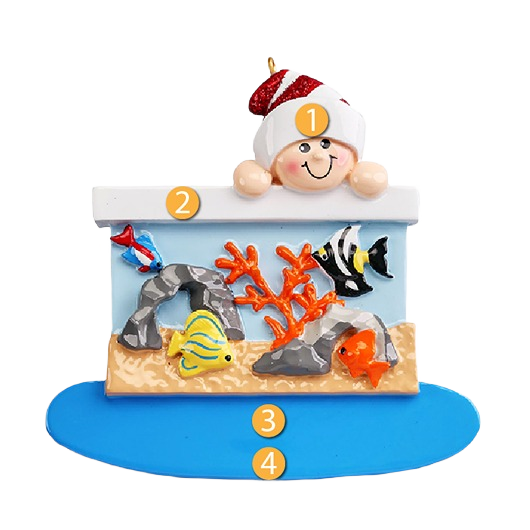 Personalized ornament featuring smiling figure peeking over colorful fish tank for Christmas decorations under $50 collection