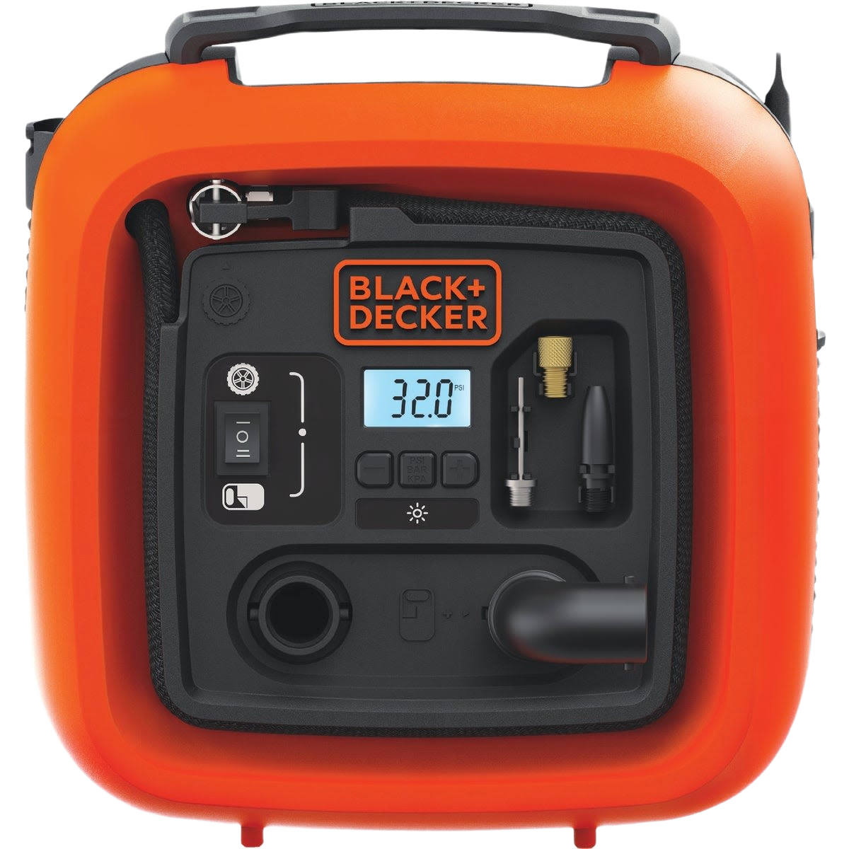 Compact orange electric inflator with digital pressure display and multiple nozzle attachments for home improvement use