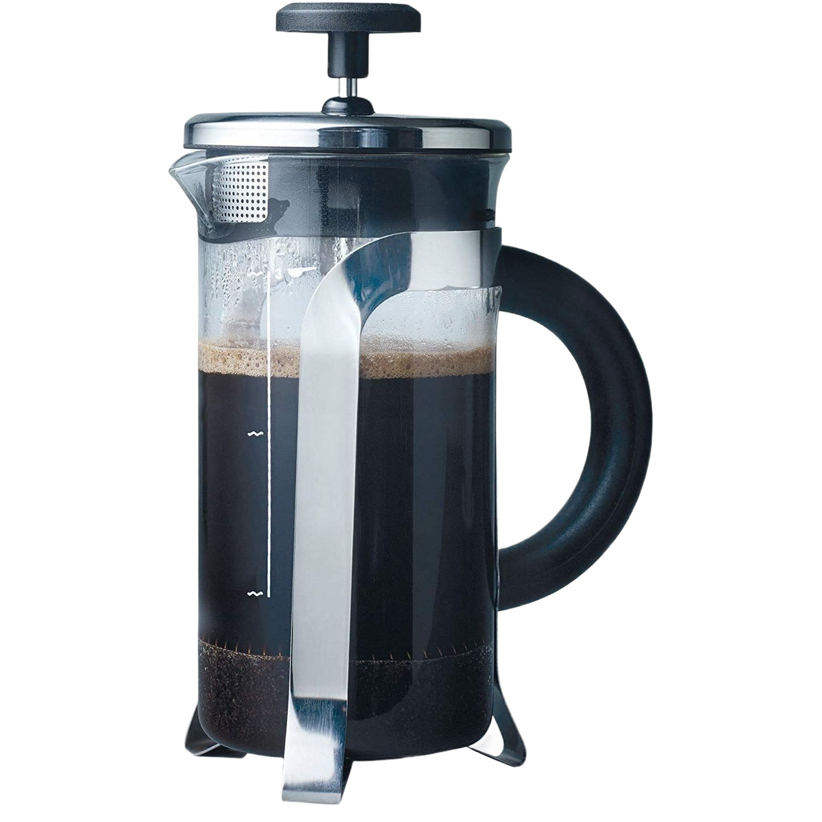 Glass and stainless steel French press coffee maker with black handle for small kitchen appliances and coffee making collections