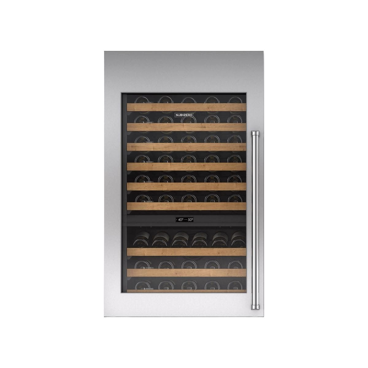 Stainless steel wine storage with glass door, wooden shelves, and adjustable temperature control for kitchen beverage center