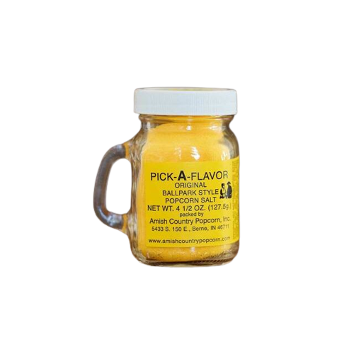 Clear glass jar of yellow original ballpark style popcorn salt with white lid for herbs and spices collection