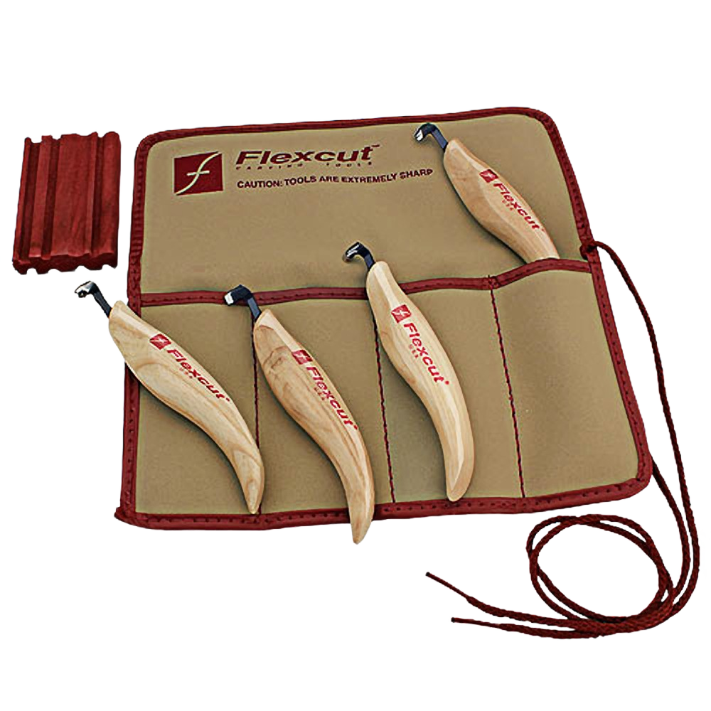 Flexcut left-handed carving gouge set with wooden handles in a tan tool roll for woodworking under $100 tools collection