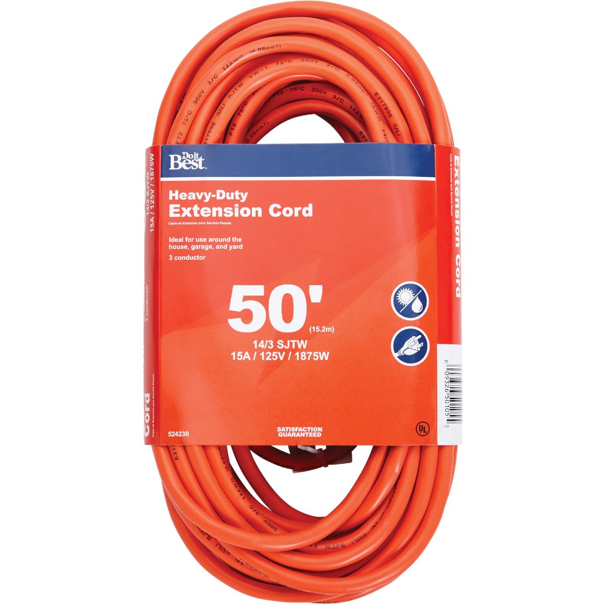 Orange heavy-duty outdoor extension cord coiled with 50-foot length for tools and home improvement use
