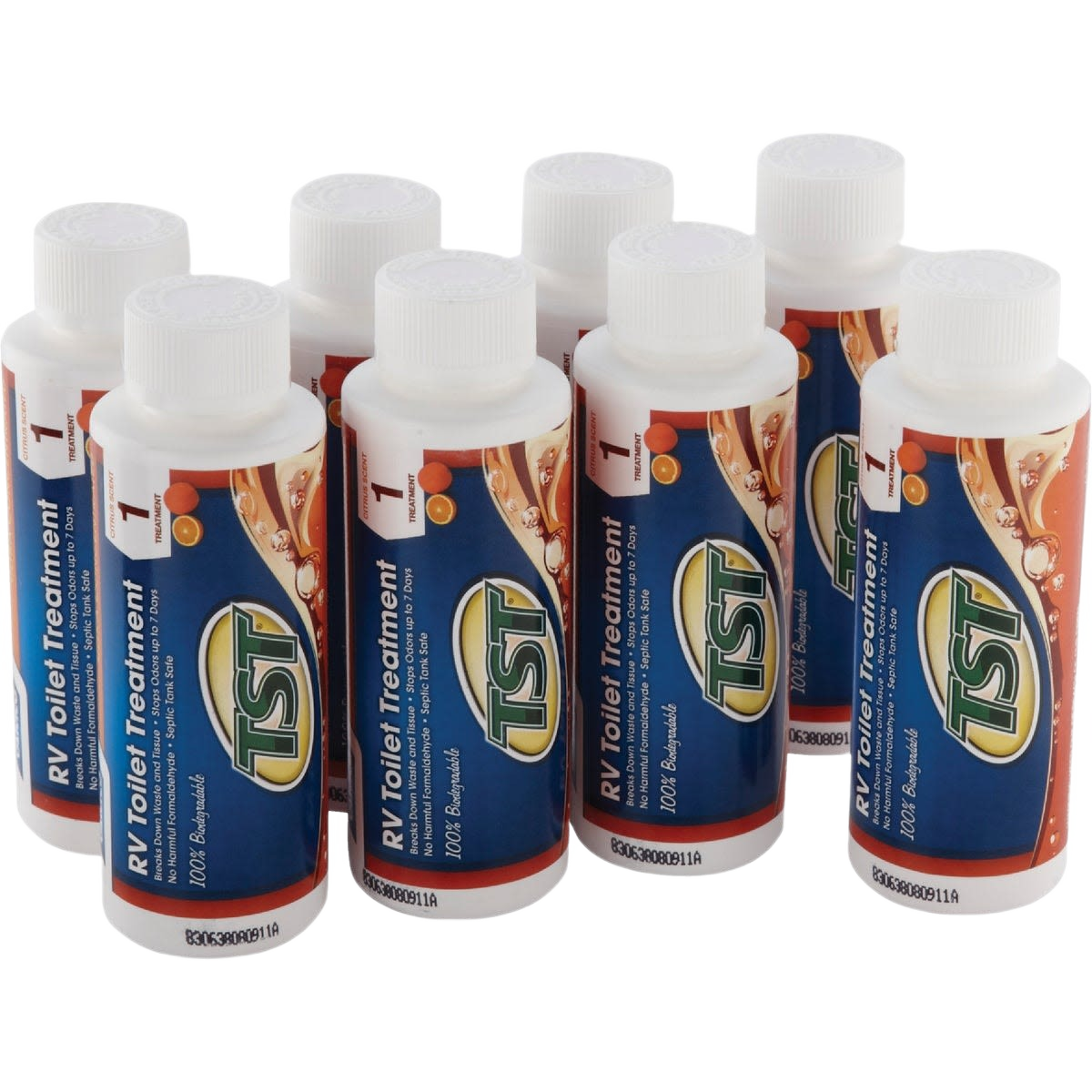 Seven white bottles of concentrated RV toilet treatment with blue and orange labels for wastewater care